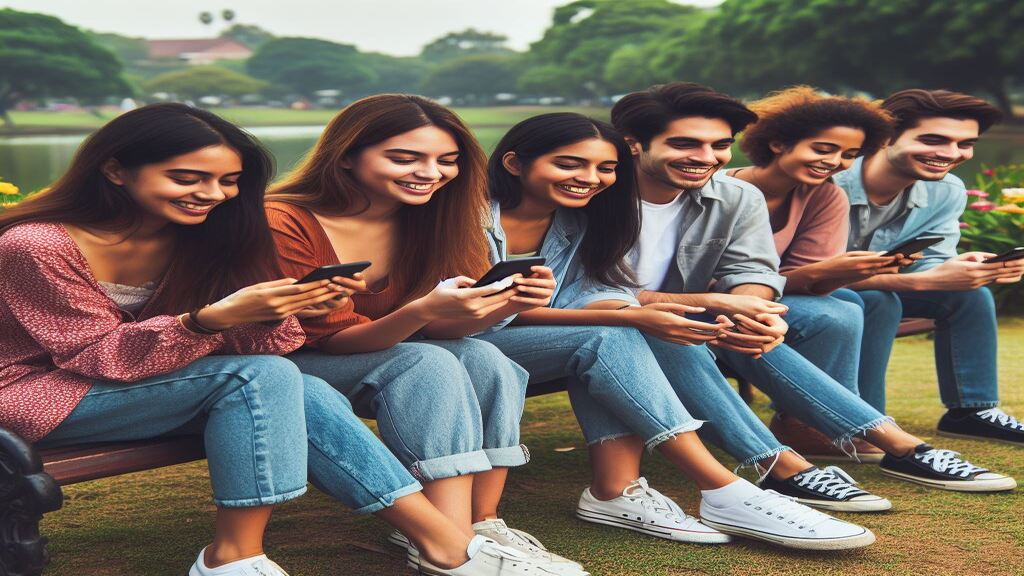 group of friends focusing on mobile phones.