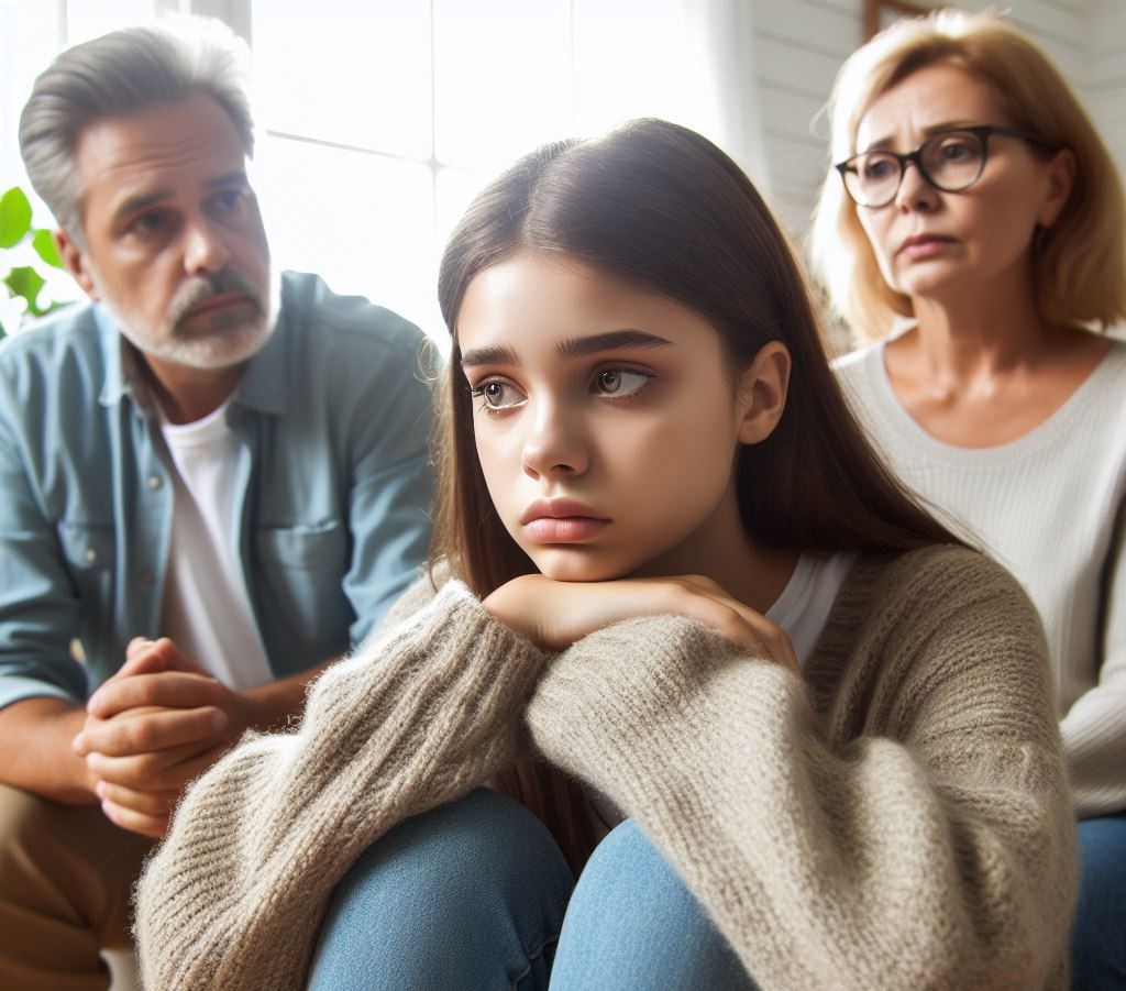 worried teen girl discussing with her family