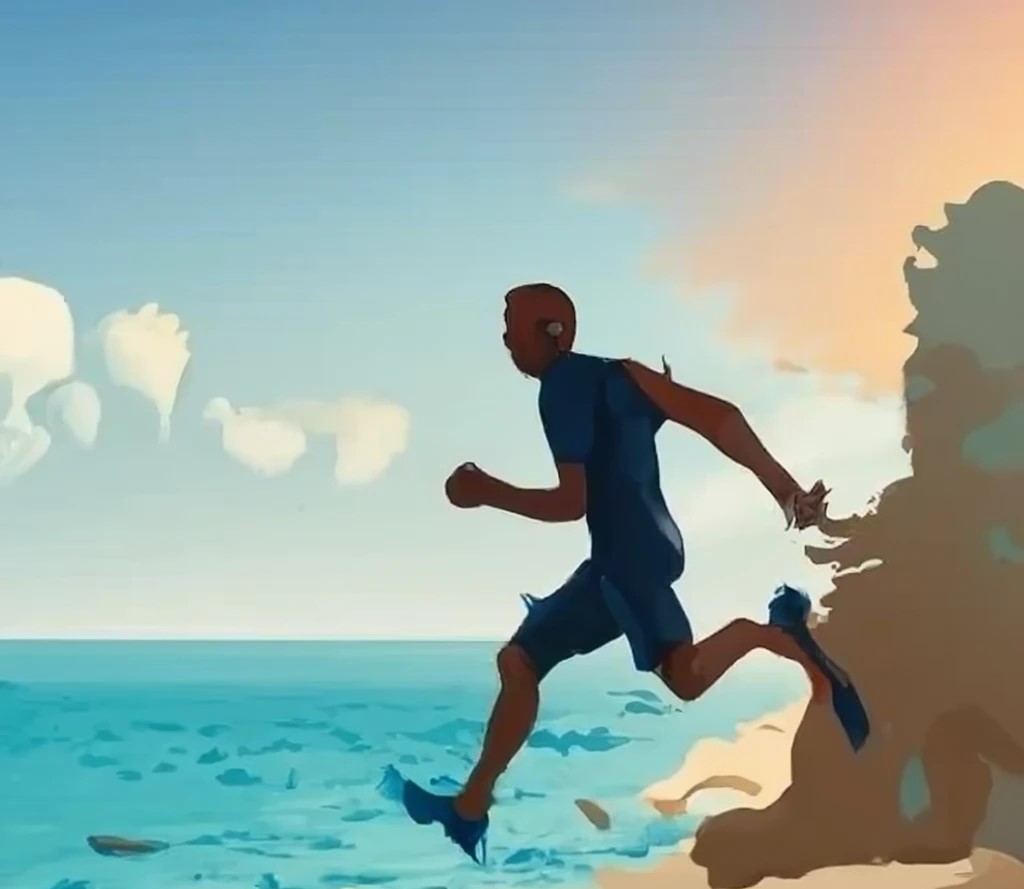 A man running beside the sea.