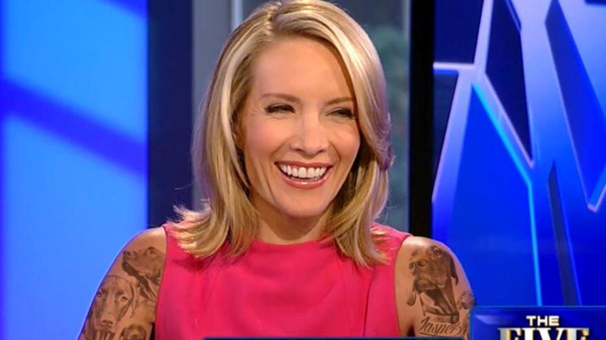 Dana Perino in the news room with tattoo on her arms.