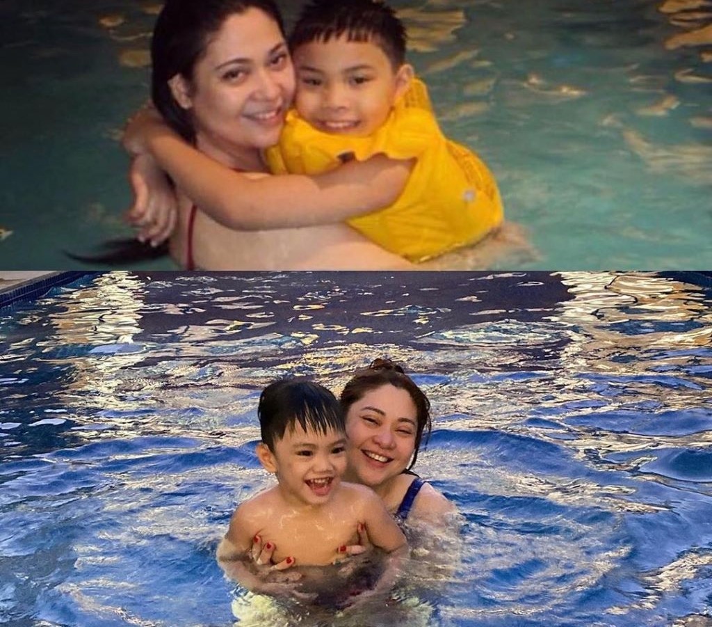 Via Veloso swims with her son.